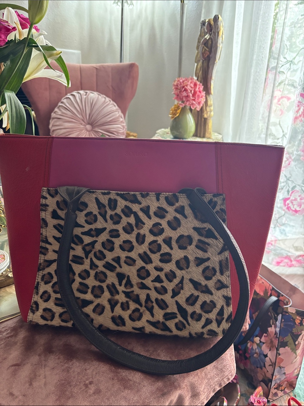 Leopard Print & Red Tote Bag with Black Straps